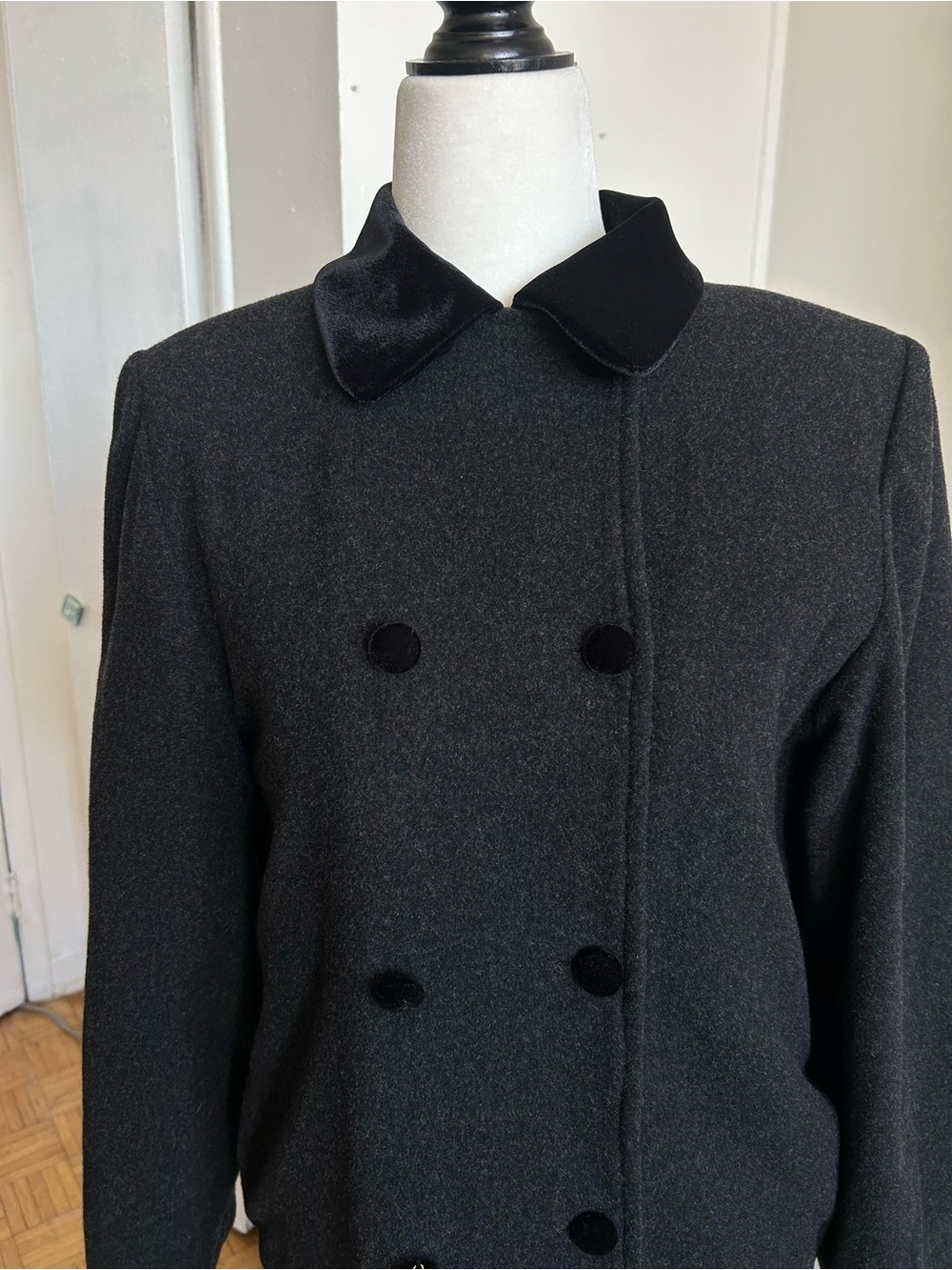 Françoise Routhillier Charcoal Wool Cashmere Long Coat Velvet Collar